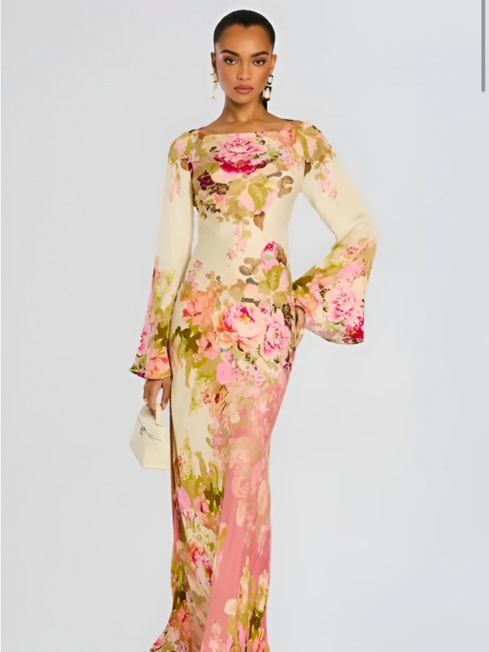 Floral Boatneck Maxi Dress in Cream and Pink